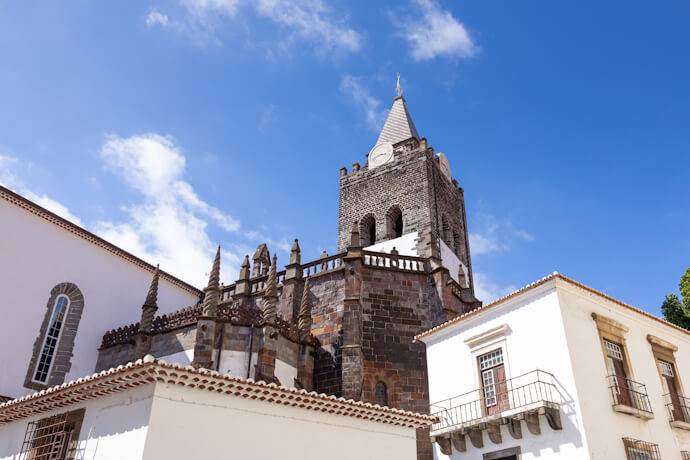 Historic architecture and cathedral tower in central Funchal, Madeira
