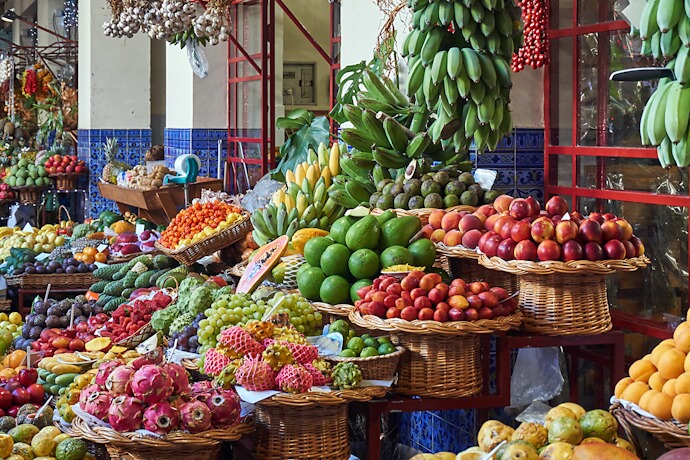 Fresh fruit stalls at Mercado dos Lavradores.