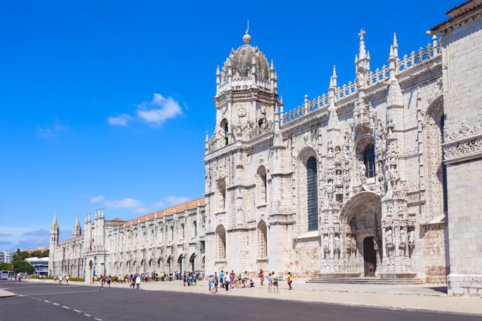 Manueline facade of the Church of Santa Maria de Belém at Jerónimos Monastery in Lisbon, Portugal.