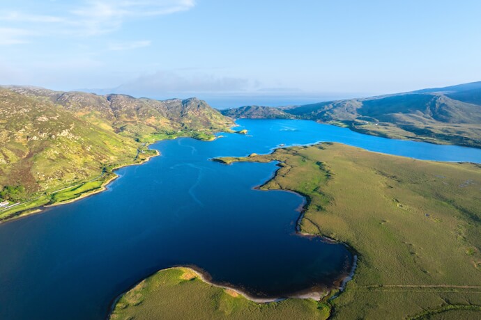 Aerial view of lakes and mountains in Connemara National Park, Ireland.