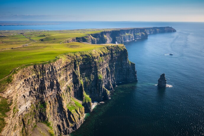 Aerial view of the dramatic Cliffs of Moher along Ireland’s Wild Atlantic Way.