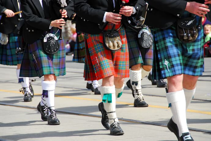 A traditional Scottish pipe band performing in full Highland dress.