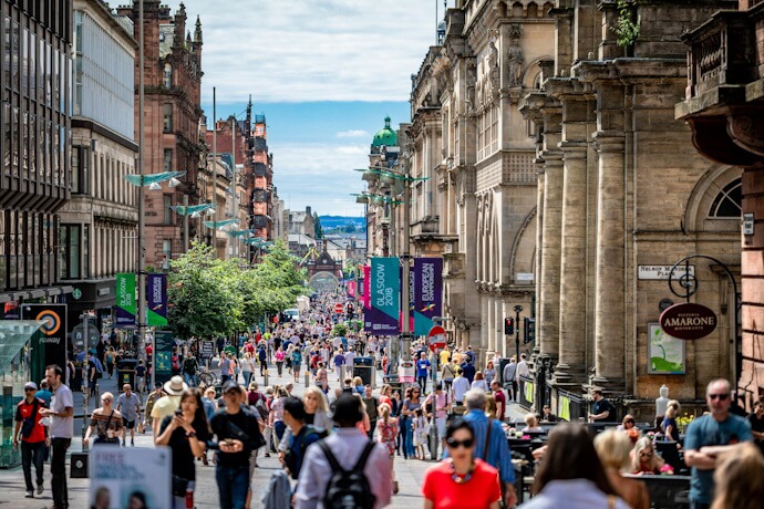 The lively Buchanan Street, Glasgow’s bustling shopping avenue filled with energy and charm.
