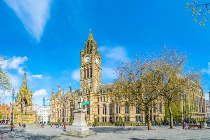The grand Manchester Town Hall, a Gothic Revival masterpiece in Albert Square.