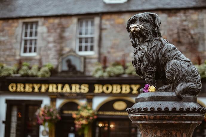 A bronze statue of the loyal Skye Terrier, Greyfriars Bobby, standing on a pedestal in front of the Greyfriars Bobby’s Bar.