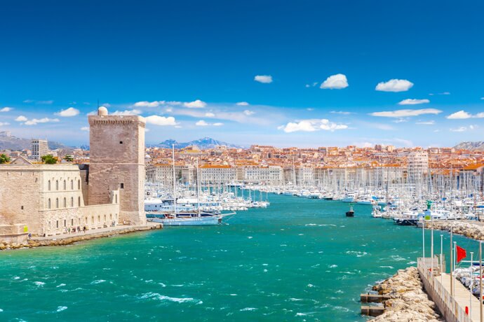 Old Port of Marseille with boats and historic fortress