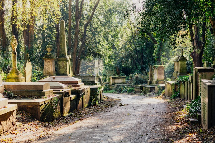 A peaceful, tree-lined path winding through Highgate Cemetery, flanked by old tombstones and monuments bathed in dappled sunlight.