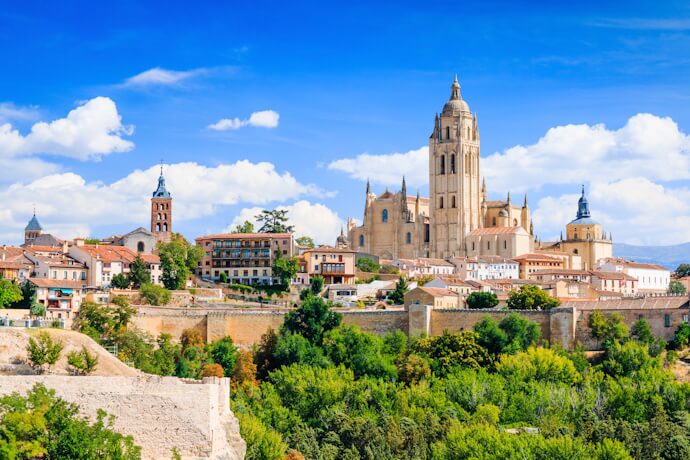 Panoramic view of Segovia old town and its Gothic cathedral