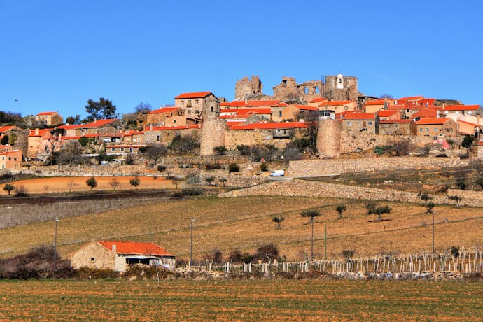 The fortified medieval village of Castelo Rodrigo surrounded by vineyards and countryside, Portugal.