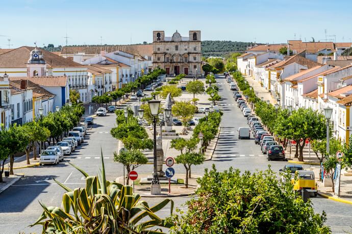 Ducal Palace and medieval walls overlooking the historic center of Vila Viçosa, Portugal.