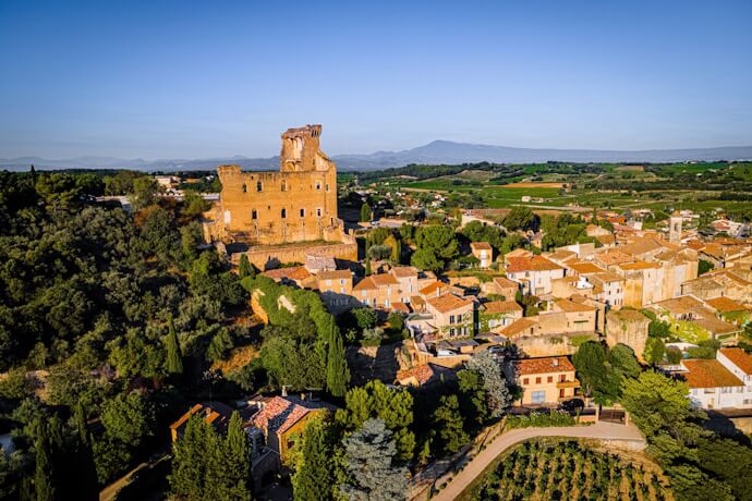 Aerial view of Châteauneuf-du-Pape on a sunny day
