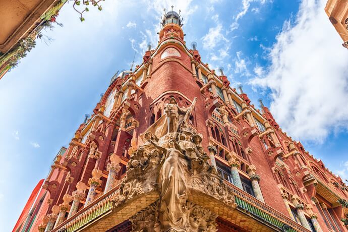 Modernist façade of Barcelona's iconic concert hall, a UNESCO World Heritage Site.
