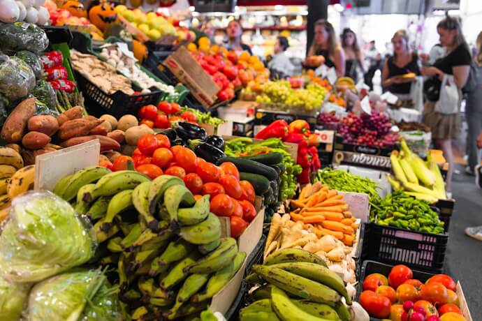 Fresh produce and local specialties on display at Barcelona's vibrant La Boqueria Market.