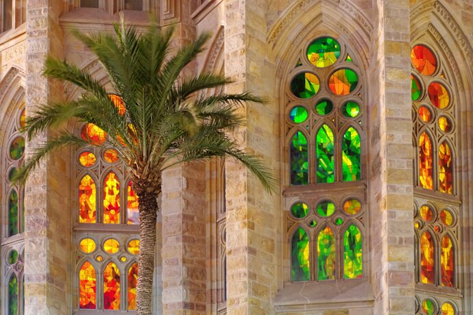 The colorful stained-glass windows inside Gaudí's world-famous Sagrada Família.