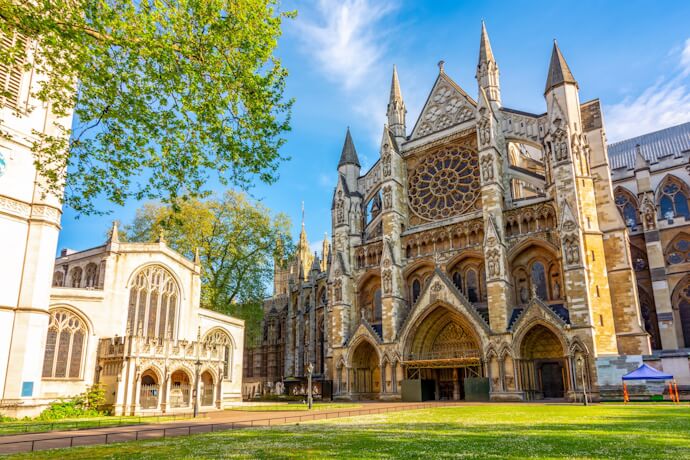 Westminster Abbey and its Gothic façade in central London.