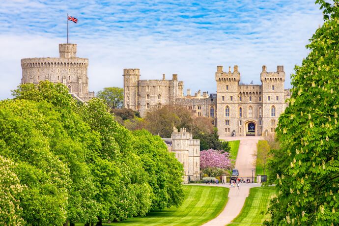 Windsor Castle surrounded by its landscaped grounds in Windsor.