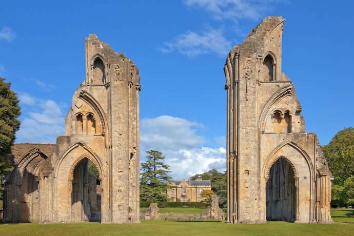 The medieval ruins of Glastonbury Abbey in Glastonbury, Somerset.