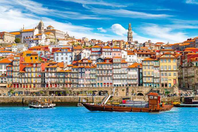 Beautiful view of the Riberia district and Douro River on a sunny day in Porto, Portugal