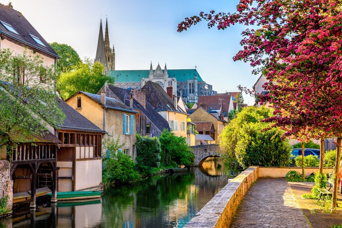 Chartres old town with cathedral in background