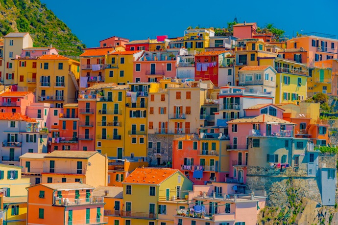 In Corniglia, a hilltop village featuring colorful houses.