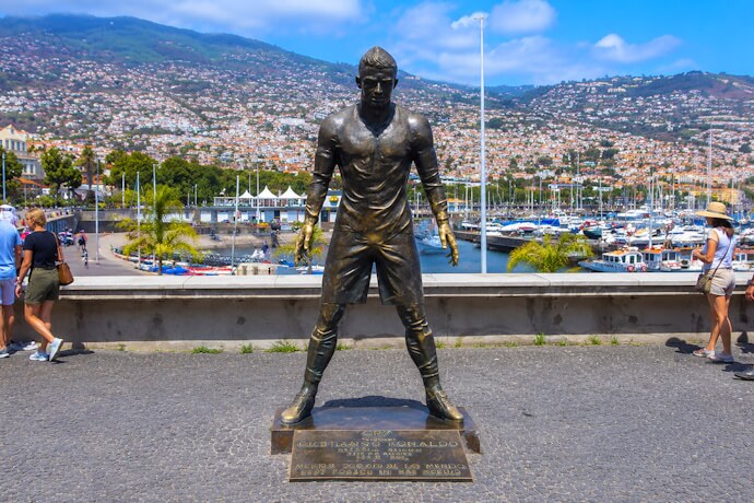 Statue of Cristiano Ronaldo overlooking Funchal Marina, Madeira Island.