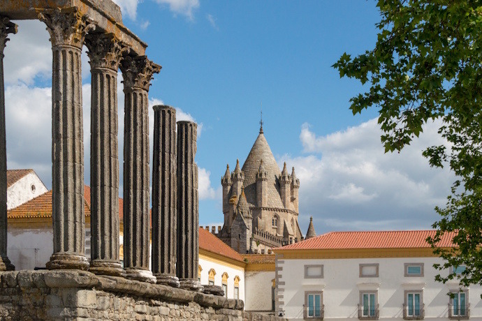 The Roman Temple of Évora with the cathedral tower behind