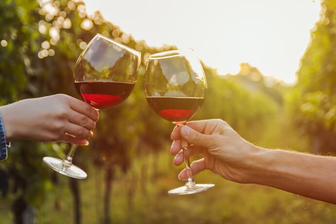 Red wine glasses clinking at vineyard sunset in Chianti