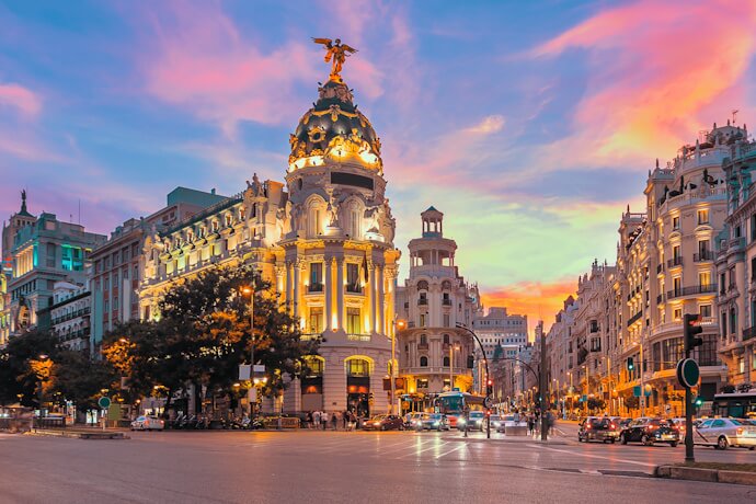 Gran Vía at sunset in Madrid, Spain