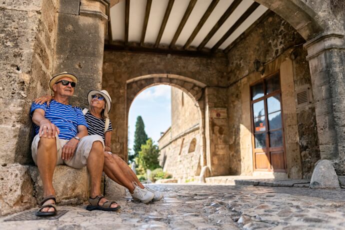 Couple relaxing in a historic village in northern Spain