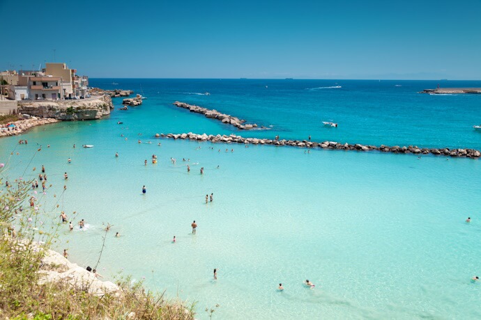 Sea views in Otranto, with turquoise Adriatic waters meeting dramatic cliffs and the historic coastline of southern Puglia.