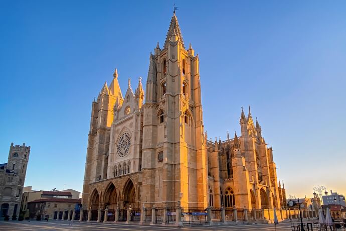 León Cathedral illuminated by golden light in León's historic center