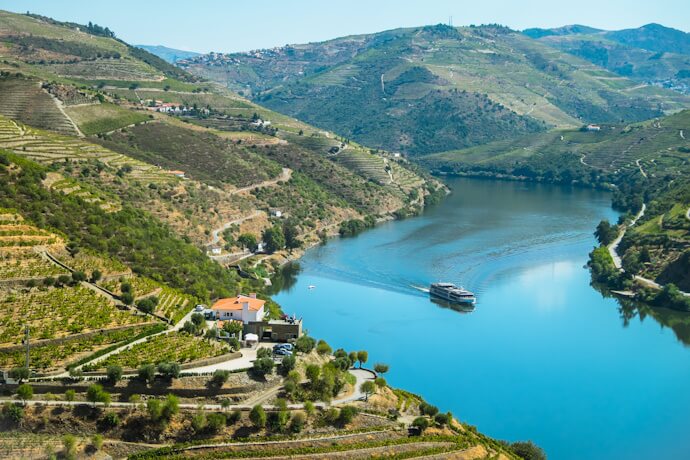 Rolling hills of the Douro Valley, filled with lush vineyards.