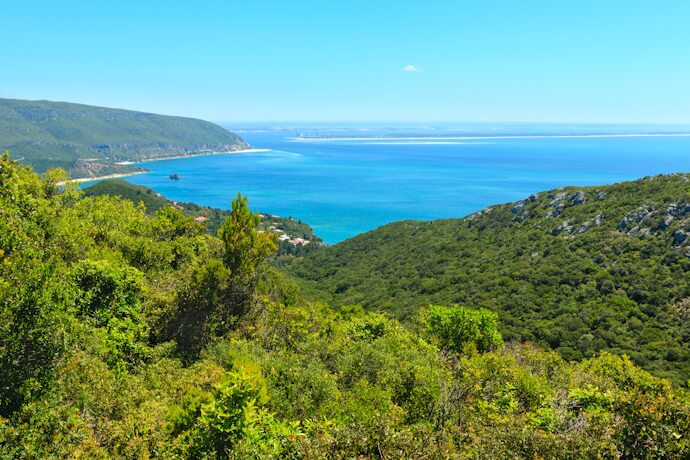 Scenic coastal view from the Arrábida Natural Park in Portugal, with lush green hills descending to a bright turquoise sea.