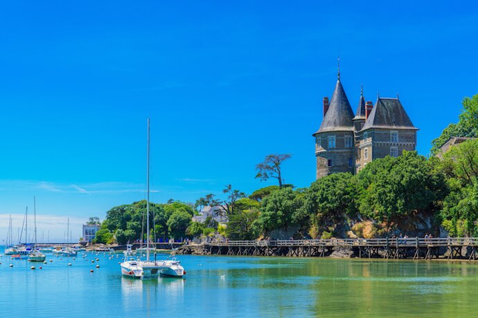 Château de Pornic overlooking the marina and harbor in the coastal town of Pornic, Loire-Atlantique, France