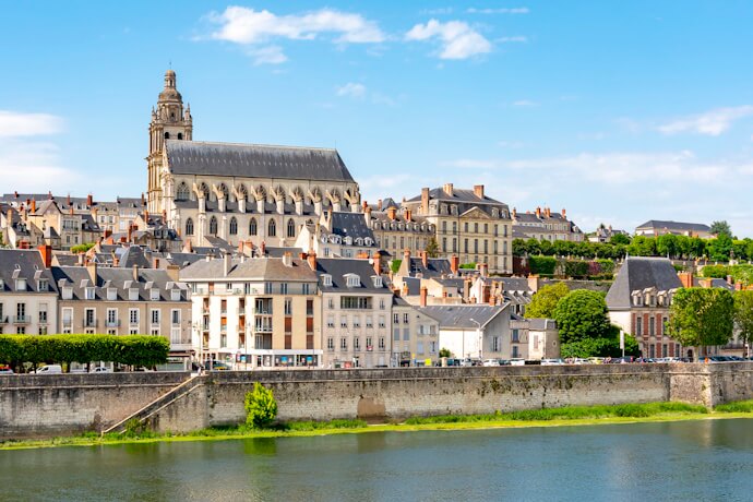 Blois skyline with Saint-Louis Cathedral overlooking the Loire River in the historic Loire Valley town of Blois, France
