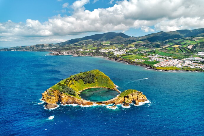 Aerial view of Vila Franca do Campo Islet off the coast of São Miguel, Azores, with its circular natural lagoon.