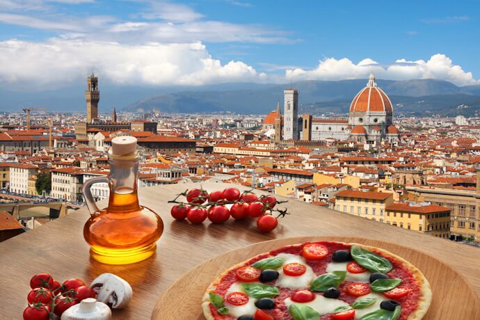 Florence skyline with traditional Italian food overlooking the Duomo in Italy