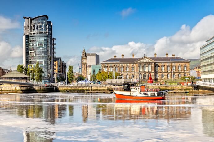 Belfast city waterfront with modern architecture and historic buildings in Northern Ireland