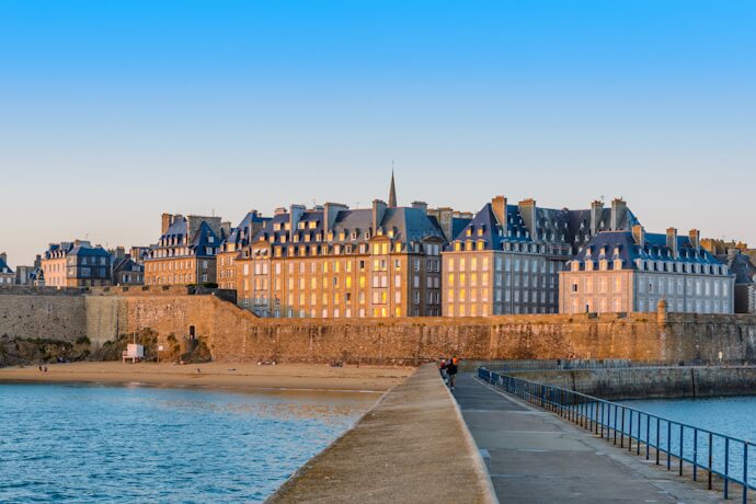 View of the fortified old town of Saint-Malo at sunset