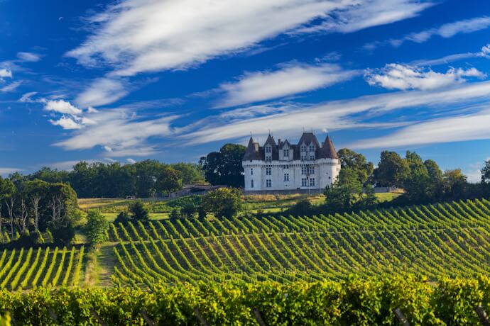Historic French château overlooking rolling vineyards in the southwest France wine region