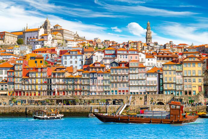 Beautiful view of the Riberia district and Douro River on a sunny day in Porto, Portugal