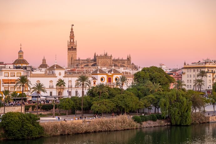 Panoramic view of Seville and La Giralda Tower at sunset