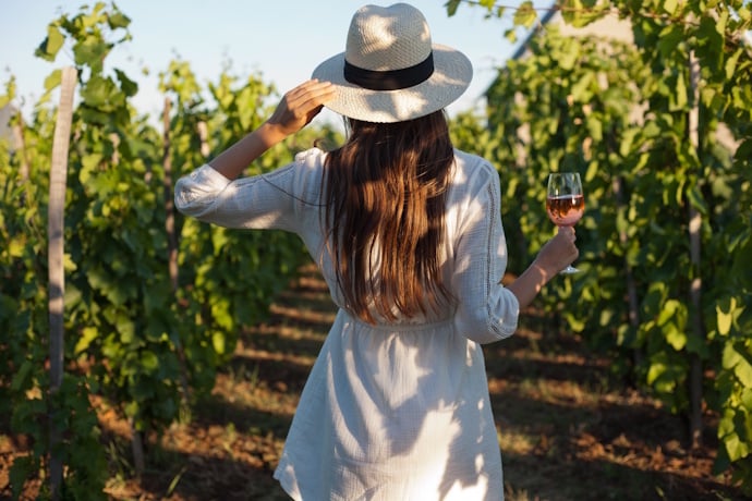 Woman in a sunhat holding a glass of wine while walking through lush green vineyard rows.