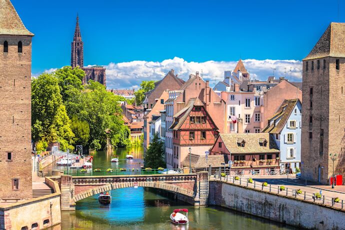 Picturesque canals and half-timbered houses in Strasbourg, Alsace, France.