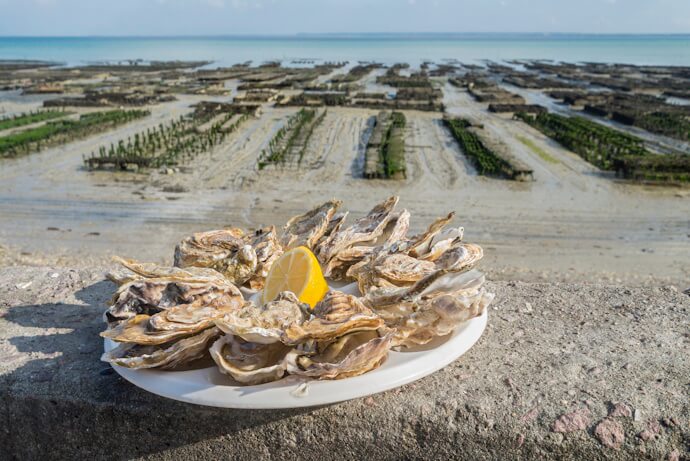 Fresh oysters served by the sea near the oyster beds in Saint-Malo, France.