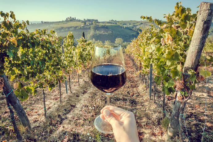 Galss of Italian red wine with view of Tuscany