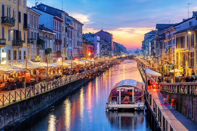 Evening view of Milan’s Navigli district with canals and restaurants
