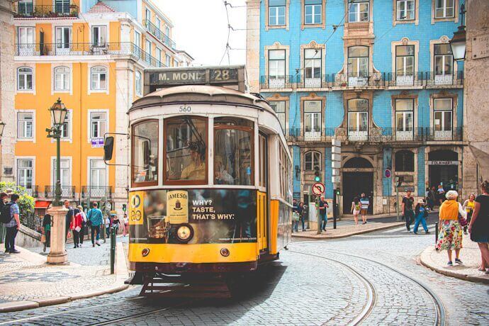Yellow tram in the Chiado district in Lisbon