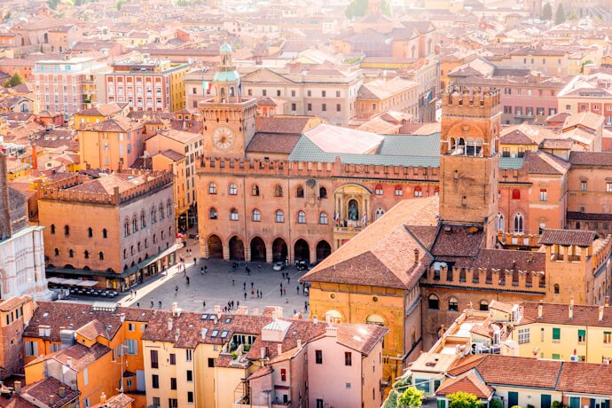 Aerial view of Piazza Maggiore in Bologna