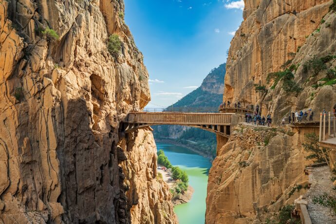 Caminito del Rey walkway suspended along steep gorge cliffs above the Guadalhorce River in Andalusia